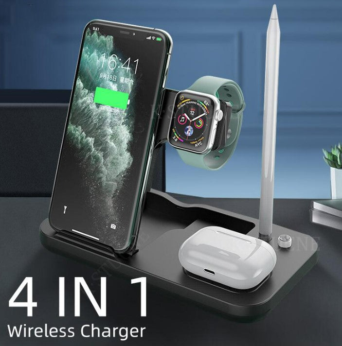 15W Fast Charge 4 In 1 QI Wireless Charger Dock Station - Black