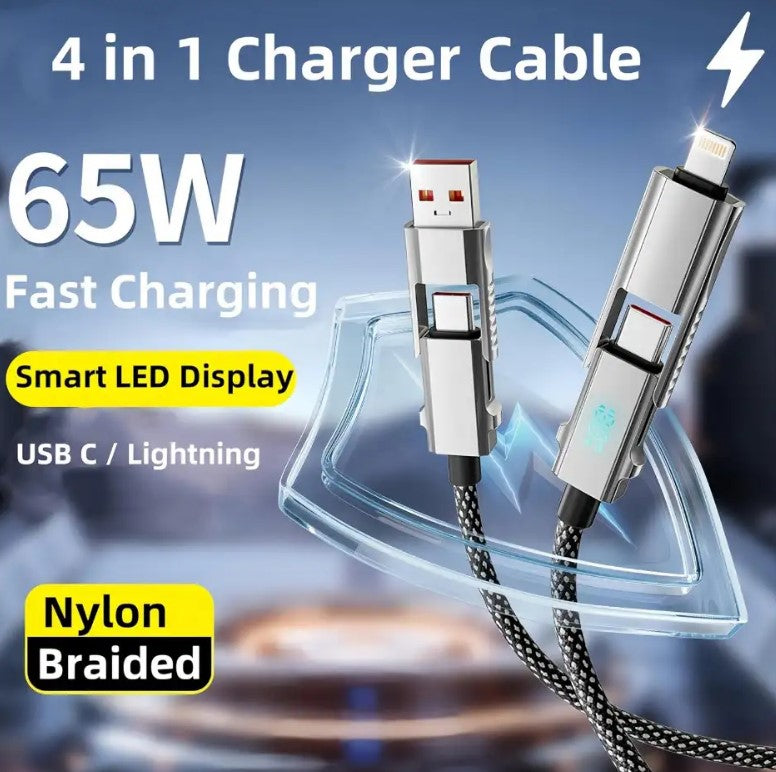 4 in 1 LED Display Multi Charger Cable - Dual USB C/USB A/Lightning Fast Charging Cable - 65W